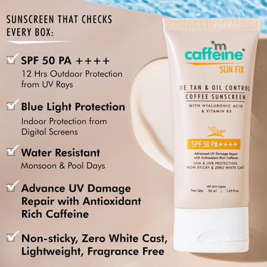 mCaffeine Matte Sunscreen SPF 50 for Men & Women | Lightweight, Water Resistant, Zero White Cast | Sun Protect, Prevents Tan & Repairs UV Damage | All Skin Type - 50ml